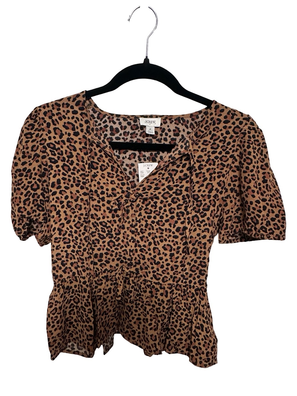NWT J. Crew Tan and Black Leopard Print Puff Sleeve Peplum Blouse